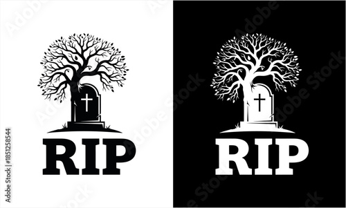 RIP Gravestone with Tree Silhouette Logo Design.