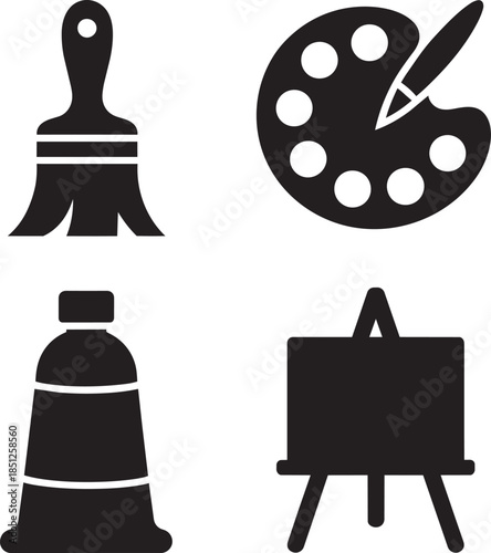 Paint brush, palette with paints, paint tube, and art easel for artist work and creative expression