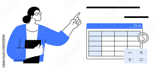 Financial planning, data analysis, accounting, business strategy, budgeting, spreadsheet management. Person pointing at a spreadsheet with calculator. Financial planning and data analysis concept