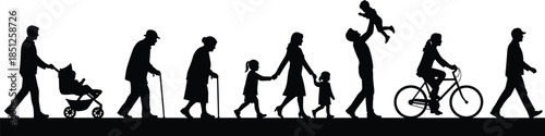 Human life activity silhouette, aging stages, family mobility concept, black white vector, generational diversity, lifestyle illustration art