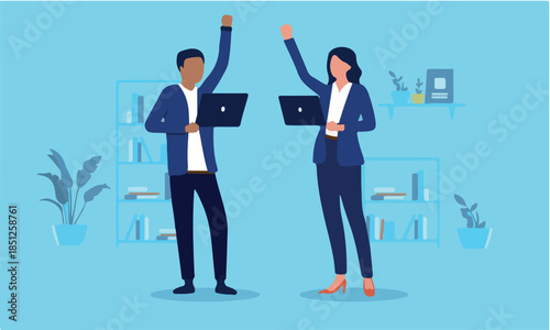 Cheerful people with computers - Two businesspeople developers with hands in air, cheering and celebrating triumph and great victory together as a team. Winning team concept in flat design vector