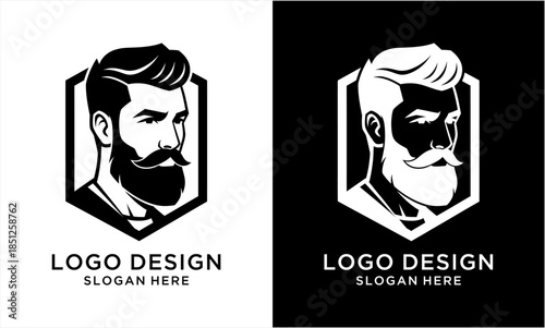 Stylish bearded man logo design for barbershop or male grooming brand.