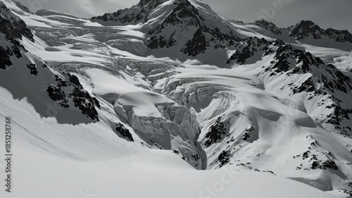 Snowy mountain landscape with rugged peaks and slopes covered in snow