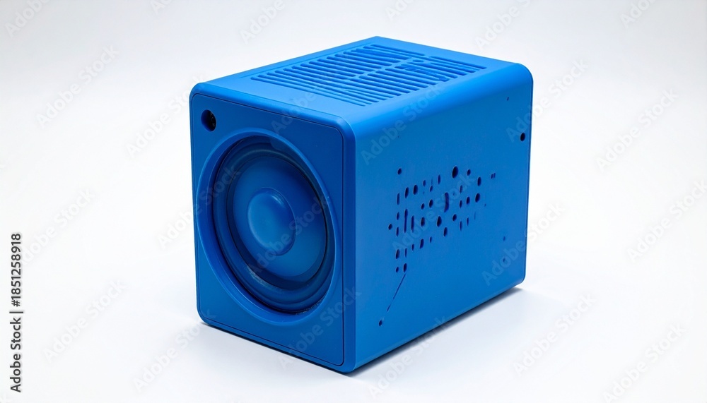 Obraz premium Compact blue speaker with sleek design and control knob evokes modern audio style and minimalist tech appeal
