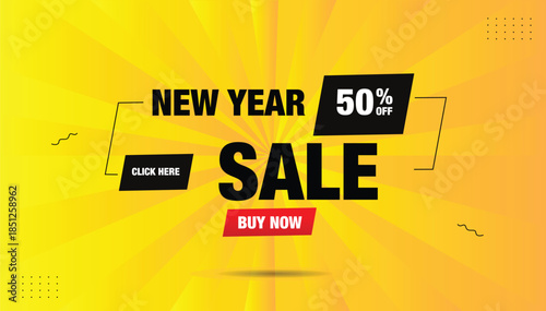 New year sale 50% off click here buy now illustration vector art eps format template design white bold red black shapes with yellow orange gradient hot abstract background