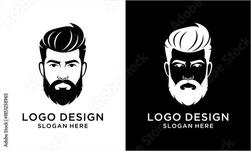 Stylish bearded mans face logo design for barbershop or grooming brand.