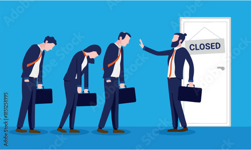 Closed businesses and unemployment - Businessman holding back people looking for work. No jobs available concept. Vector illustration