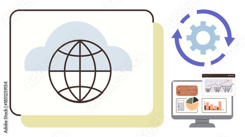 Global network on cloud, gear with rotation arrows for process automation, computer screen displaying charts. Ideal for data analysis, cloud computing, task management, workflow efficiency, process