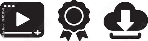 Set of digital content icons including video player, award ribbon, and cloud download symbol