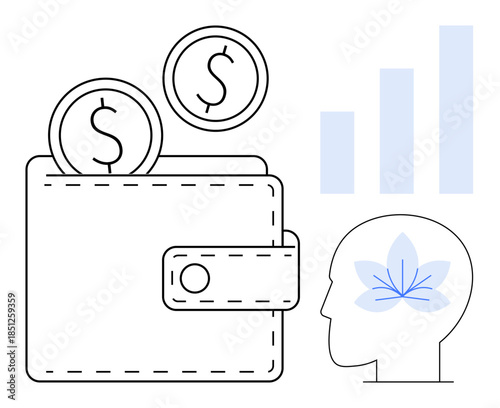 Financial growth. Wallet with coins savings and wealth, analytics chart indicating performance, and human head with creativity icon. For finance, business, investments, budgeting, innovation