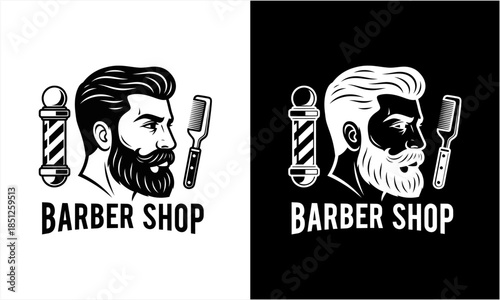 Vintage Barber Shop Logo with Bearded Man and Classic Tools.