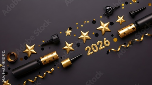 Luxurious New Year 2026 Celebration Flat Lay with Golden Stars, Confetti, and Party Poppers on Black Background