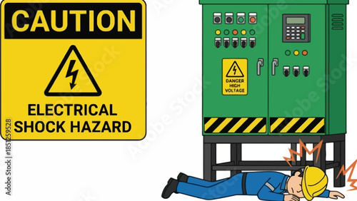Workplace electrical shock hazard warning sign next to a control panel where a worker has suffered an electrocution accident, highlighting industrial safety risks