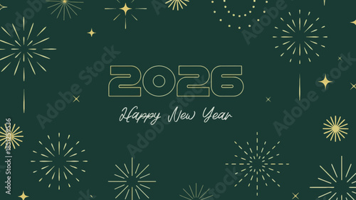 2026 Happy New Year fireworks celebration illustration with festive golden sparks and starbursts on a dark green background