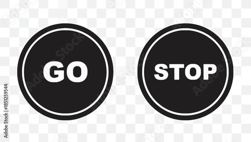 Distinctive circular GO and STOP control button icons, essential for intuitive user interface design, indicating command execution and action halt for various applications