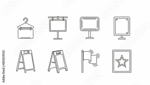 Outline icon pack featuring diverse signage, from hanging boards to A-frames and flag displays, perfect for advertising, information, and branding visuals