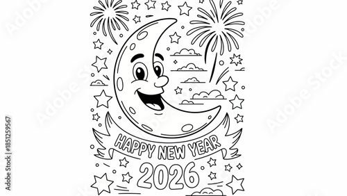 Joyful New Year Celebration Coloring Page Line Art Featuring a Smiling Crescent Moon, Sparkling Fireworks, and Stars for Festive Fun