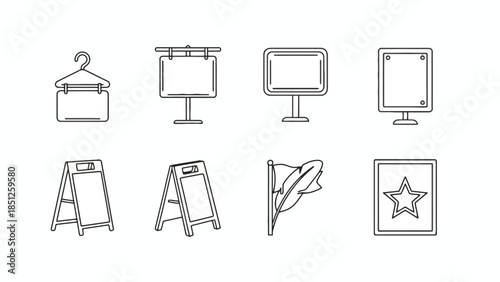 Collection of various advertising signage and display icons for marketing and promotion