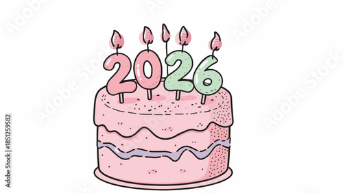 Celebrate 2026 with this charming hand-drawn pink birthday cake illustration, complete with whimsical candles, perfect for new beginnings and festive occasions