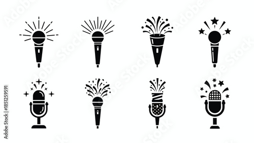 Stylized vector microphone icons set with vibrant starbursts, festive confetti, and glowing light effects, ideal for music, entertainment, and celebratory event designs