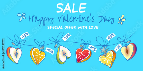 Valentine's Day sale banner with hanging fruit hearts and discount labels. Romantic festive design for marketing, special offer promotion and holiday advertising materials.
