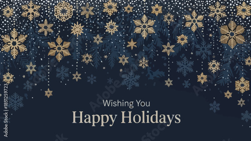 Elegant Holiday Greeting Card Background with Golden and Silver Snowflakes on Dark Blue. Festive Winter Celebration Banner for Christmas and New Year