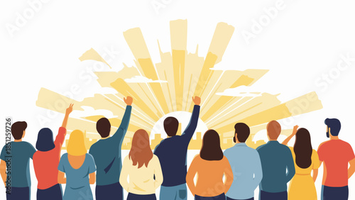 Diverse Community Group Raises Hands Towards a Radiant Sunrise, Symbolizing Hope, Unity, and New Beginnings for a Bright Future and Collective Success