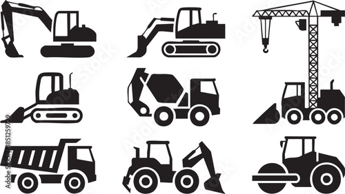 Set of black construction vehicle silhouettes including an excavator, bulldozer, tower crane, dump truck, and cement mixer in a clean, graphic, and minimalist vector icon style