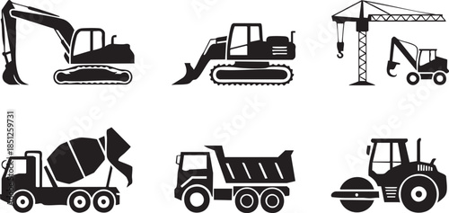 Set of black construction vehicle silhouettes including an excavator, bulldozer, tower crane, dump truck, and cement mixer in a clean, graphic, and minimalist vector icon style