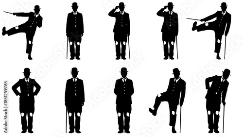 Dynamic black and white silhouettes of a dapper gentleman in a hat and suit, performing various expressive movements with a walking cane, showcasing agility and classic style