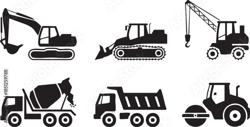 Set of black construction vehicle silhouettes including an excavator, bulldozer, tower crane, dump truck, and cement mixer in a clean, graphic, and minimalist vector icon style