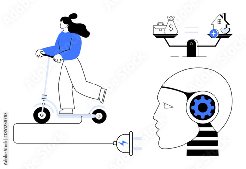 Sustainability concept. Sustainability ed by electric scooters, AI-powered solutions, and balanced finances. Sustainability promoting eco-living and futuristic technology. Great for green living