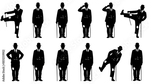 Graphic Vector Silhouette of a Vintage Gentleman in a Suit and Hat Engaging in a Dynamic Series of Elegant Poses with a Cane, Showcasing Movement and Style