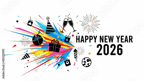 Happy New Year 2026 Celebration with Fireworks, Gifts, and Champagne Toast