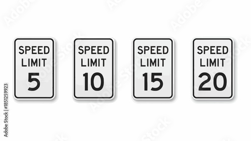 Essential collection of isolated speed limit signs displaying various low numerical values on a clean white background, ideal for traffic safety and regulatory concepts