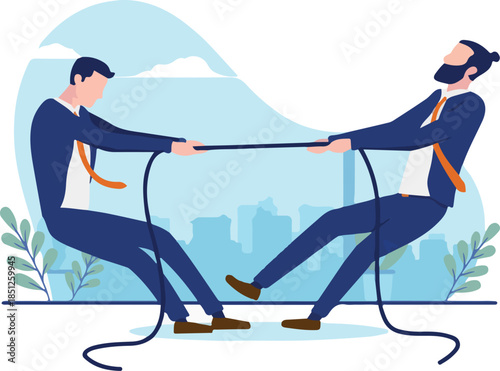 Competition between businessmen - Two men in tug of war competing. Business rivalry concept