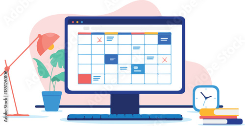 Computer calendar - Desktop pc screen with dates and tasks marked. Time planning and schedule concept, vector illustration with white background.