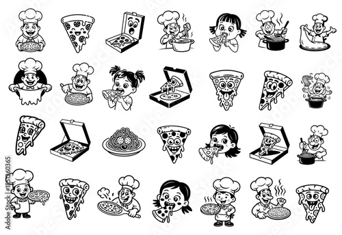 Charming Italian Cuisine Delights:pizza  A Kawaii Food Illustration of Iconic Italian Dishes