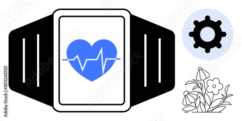 Healthcare innovation, technology, wearable devices, environment, health tracking, AI. A smartwatch heart rate monitor with a nature-inspired design and gear icon. Healthcare innovation