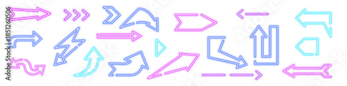 A vibrant collection of glowing neon arrows in diverse shapes, perfect for enhancing creative design projects.