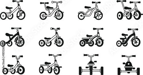 Kids tricycle silhouettes collection, children ride toy bikes set, toddler cycling vehicles icons, black baby trike illustrations isolated on white background