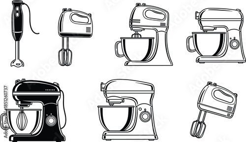 Kitchen mixer and hand blender set electric stand mixer illustration household appliance line vector icons isolated on white background