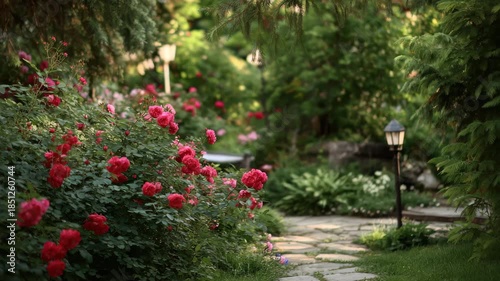 Beautiful garden with blooming roses in a pleasant setting during the afternoon