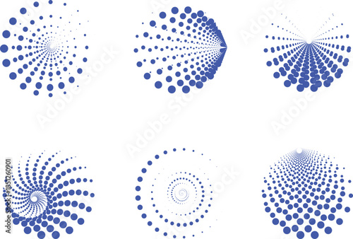 Abstract blue halftone dot spiral and perspective radial patterns set