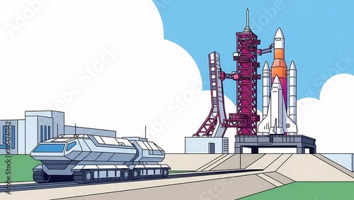 A space shuttle stands ready on the launch pad with a massive transport vehicle nearby