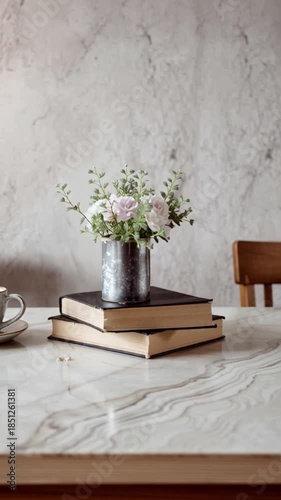 Elegant arrangement of delicate white and pink flowers in a metallic vase atop a stack of vintage books on a marble table, complemented by a hint of a ceramic mug in the background