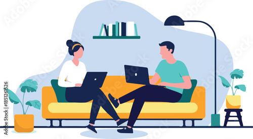 Couple using computers at home - Young man and woman sitting in couch or sofa with laptop reading, working or doing leisure activity. Modern domestic living concept in flat design vector illustration.