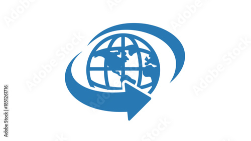 Global Connection: A minimalist graphic represents the earth encircled by a curved arrow, symbolizing the seamless movement of globalization and interconnectedness.
