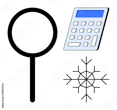 Data analysis, calculation, winter, discovery, education, and research concepts. Magnifying glass, calculator and snowflake icons. Analysis and calculation illustrated with minimalistic symbols