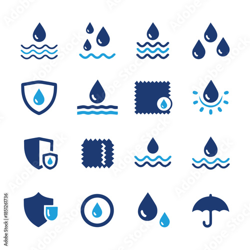 Waterproof and Weather Resistant Icon Set: Fabric Protection, Umbrella, and Hydrophobic Material Symbols
